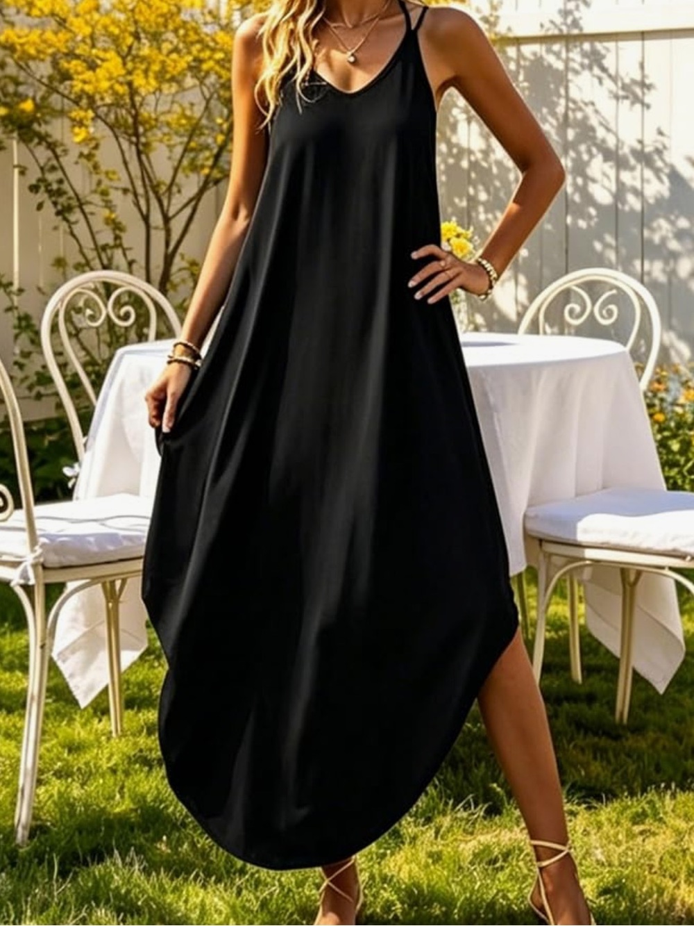 Chic Nation Black Flowing Spaghetti-Strap Dress